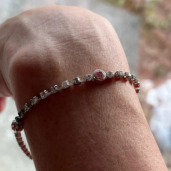 Vintage Pink & White Rhinestone Silver-Tone Bracelet - 7.5" - Picture 8 of 13